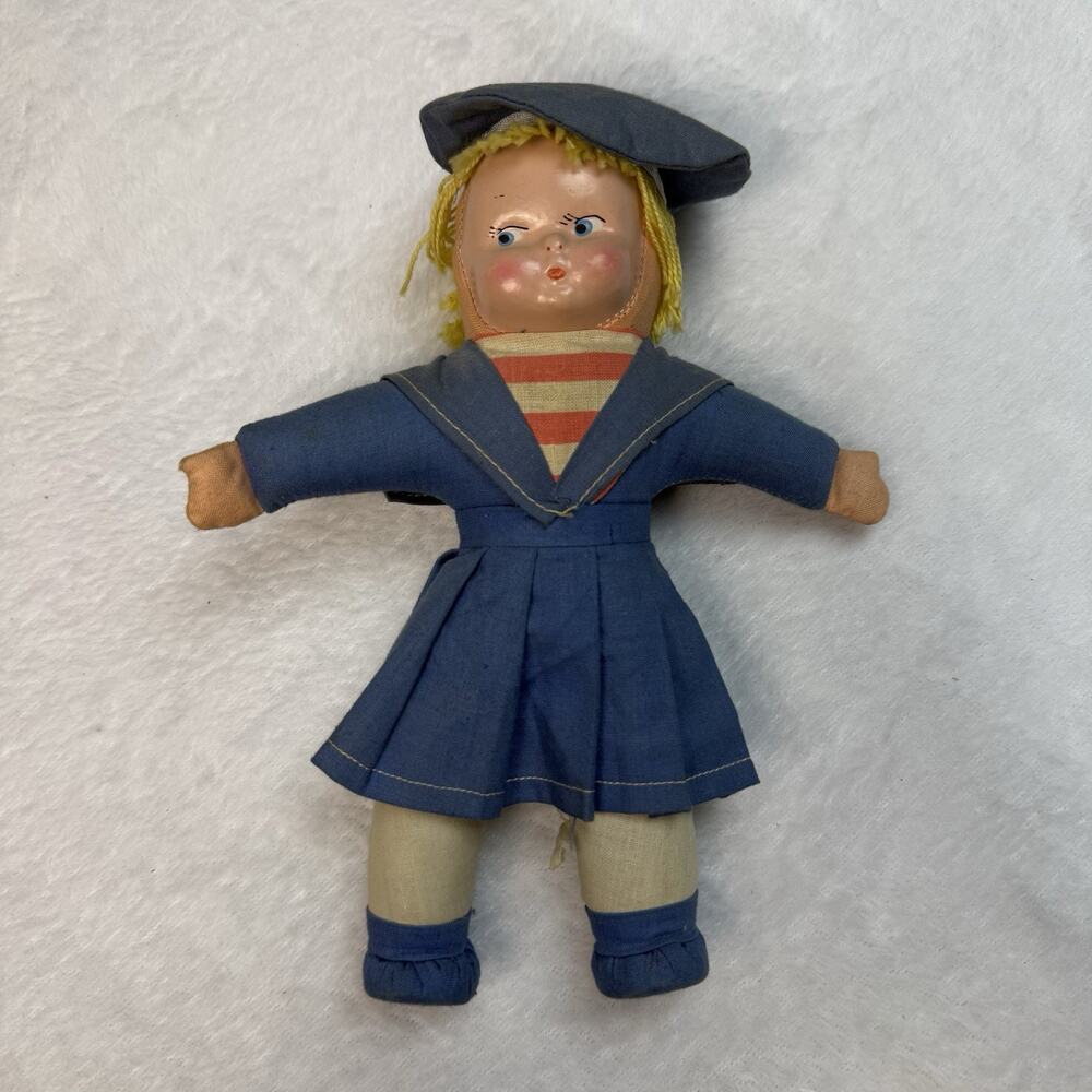 Antique Vtg Sailor Doll Cloth Body Composition Painted Face 9” Yarn Hair 30s 40s